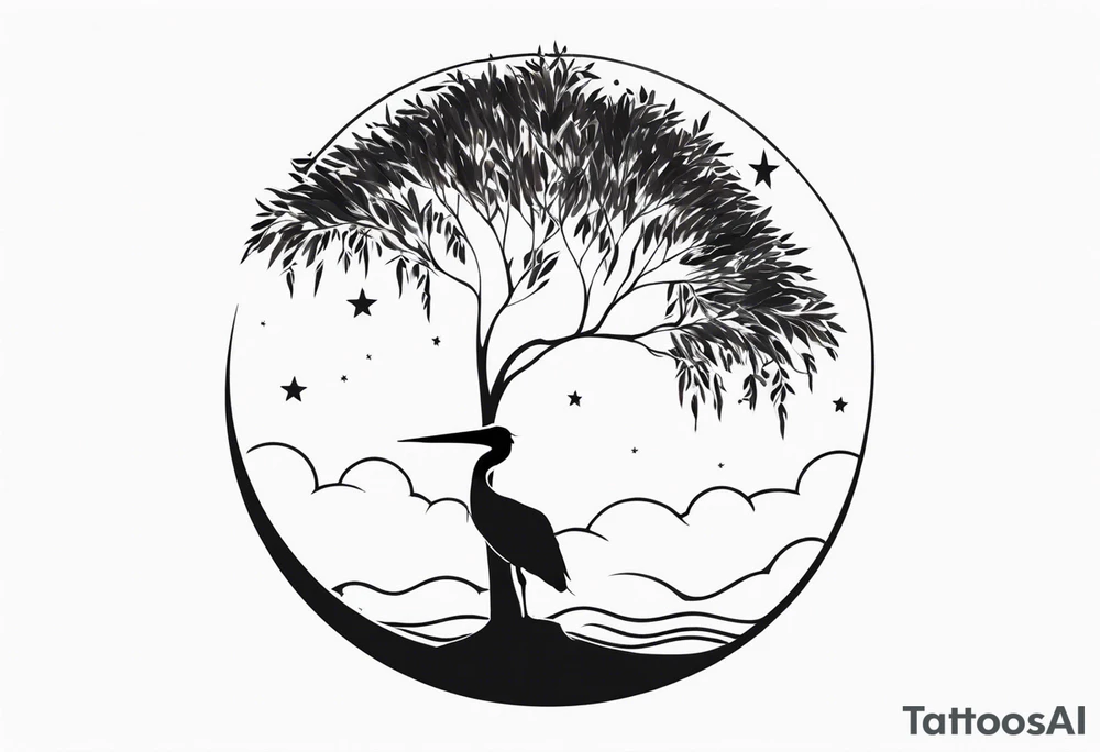 A simple willow tree with a flying pelican. A sun a moon and a star tattoo idea A simple willow tree with a flying pelican. A sun a moon and a star tattoo idea