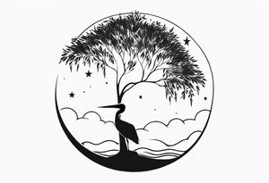 A simple willow tree with a flying pelican. A sun a moon and a star tattoo idea