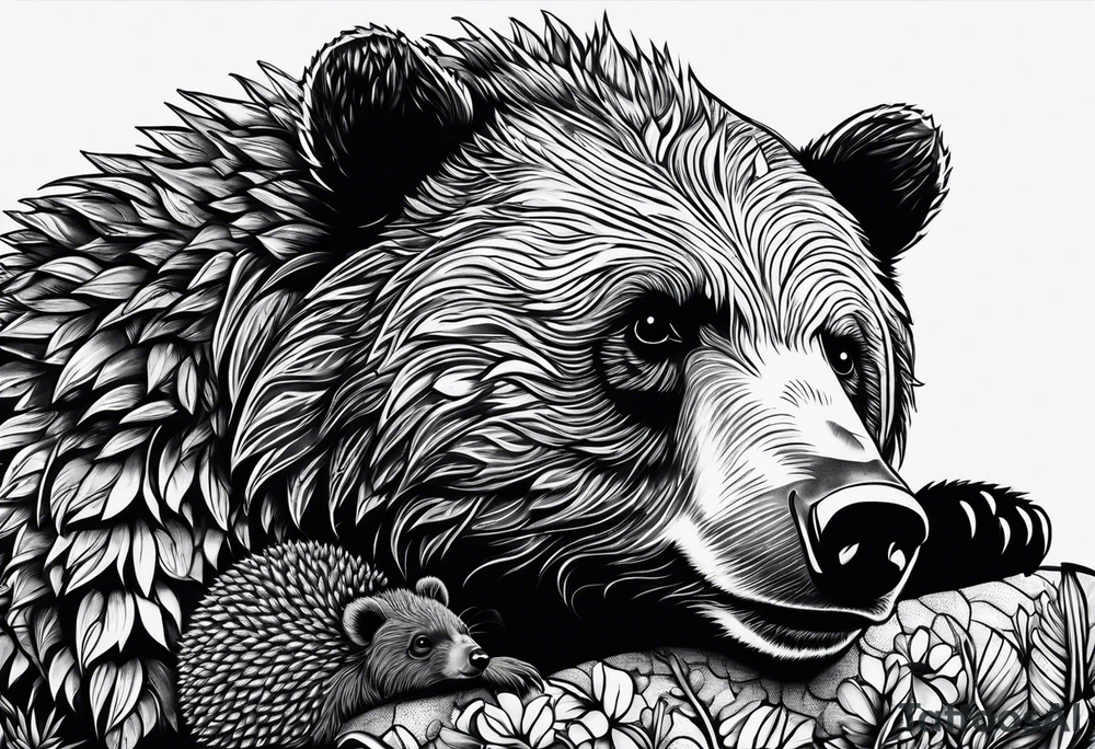 bear lying and has tiny hedgehog in his hands tattoo idea bear lying and has tiny hedgehog in his hands tattoo idea