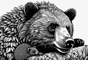 bear lying and has tiny hedgehog in his hands tattoo idea