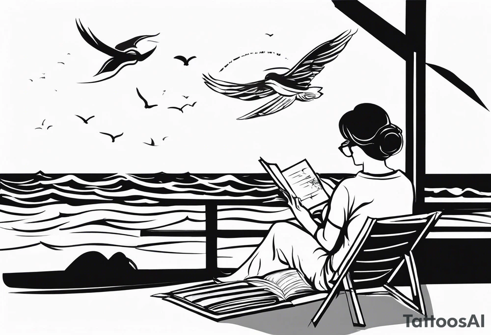 Someone is sitting on the beach reading a book and the pages are flying in the wind, the purpose of the tattoo is to emphasize that just as the pages are flying in the wind, you also have to flip through situations in life tattoo idea