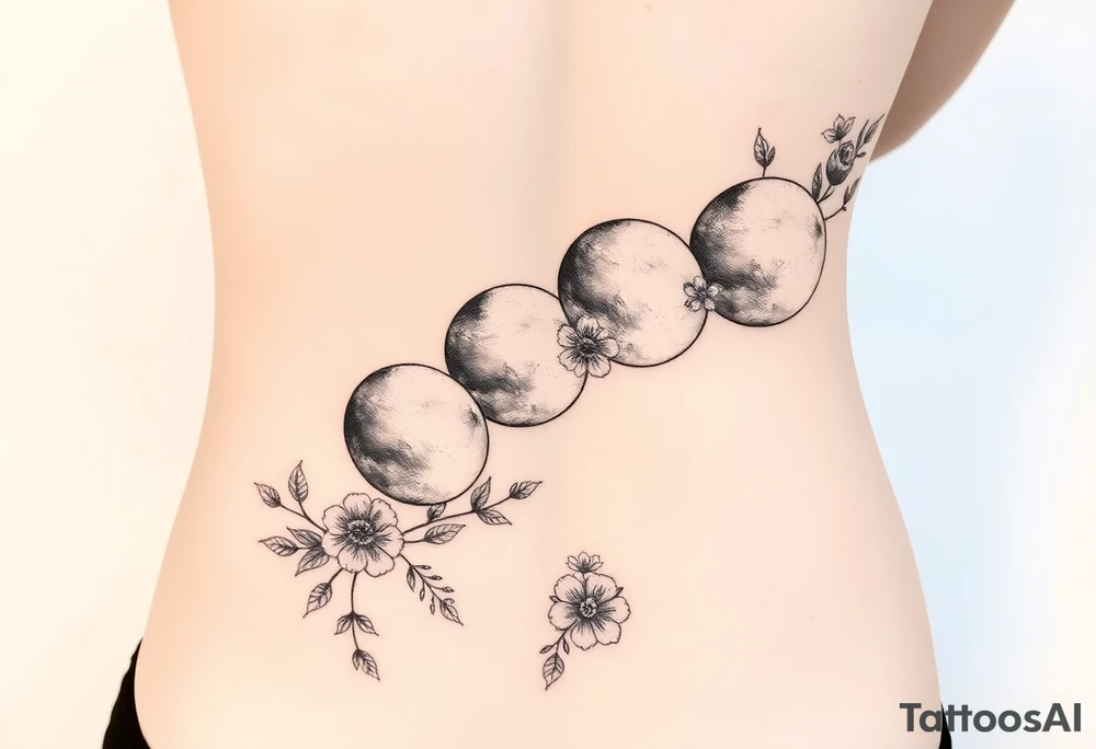Each phase of the moon going down the spine with space in between each moon there’s vines roses and different flowers down the side of each moon going down the spine 
The moons are diagonal tattoo idea
