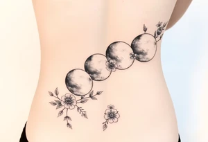 Each phase of the moon going down the spine with space in between each moon there’s vines roses and different flowers down the side of each moon going down the spine 
The moons are diagonal tattoo idea