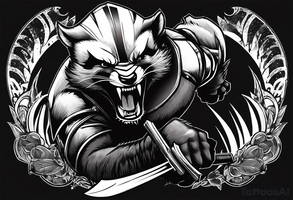 Draw me badger/wolverine with aggressive full body show, killer face with cute smile, very long nails and he attacks like a Turkish gladiator to enemy and also he has very deadly looking. The only weapon is his braveness. tattoo idea