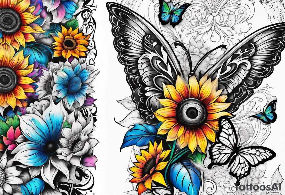 arm sleeve with winged cross, rainbow sunflowers and butterflies tattoo idea