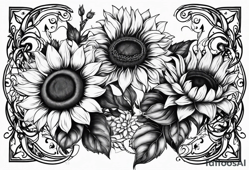 2 sunflowers with forget me nots intertwined tattoo idea