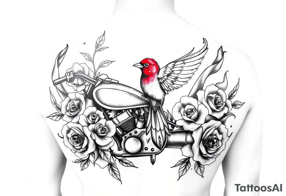 Motorcycle, roses surrounding with lacey type flames, red bird looking so peaceful tattoo idea