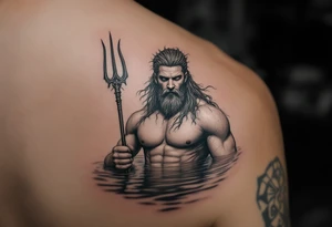 young, fit poseidon in calm water, holding a trident, holding a beer, with one eye closed tattoo idea