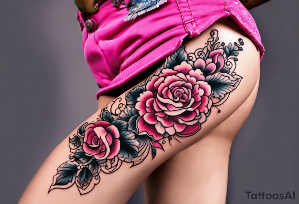 Floral leg piece with beading and lace tattoo idea. monochromatic pinks, old school flowers tattoo idea