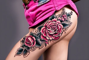 Floral leg piece with beading and lace tattoo idea. monochromatic pinks, old school flowers tattoo idea