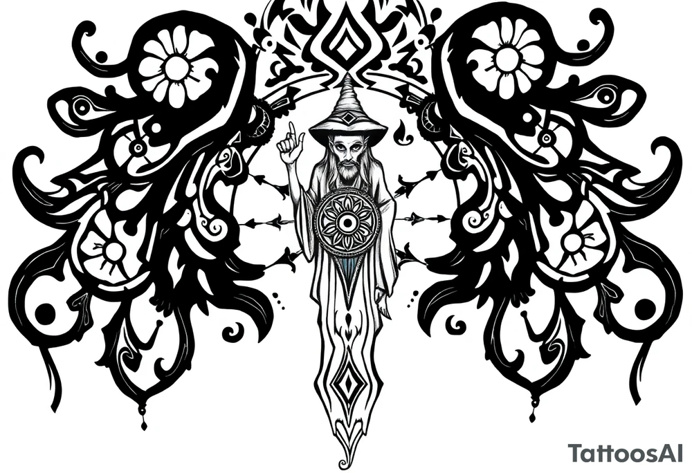 mystical dark and long ornament with shaman and witch mytolog and ancient rhyme tattoo idea