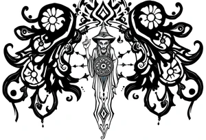 mystical dark and long ornament with shaman and witch mytolog and ancient rhyme tattoo idea