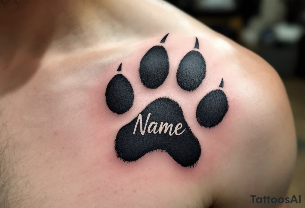 Dog Paw with Name Script – A black paw with soft shading, featuring a handwritten name in warm gray or soft sepia, symbolizing remembrance and loyalty. tattoo idea