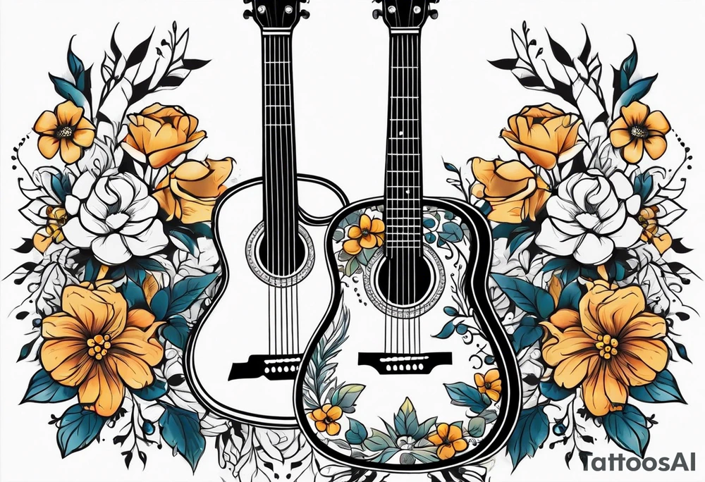 guitar with flowers simple design traditional vintage tattoo idea