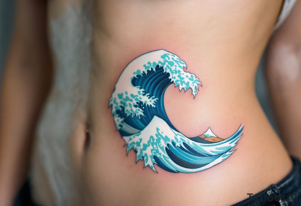 A vibrant cerulean wave curls with streaks of white foam along the ribs. tattoo idea