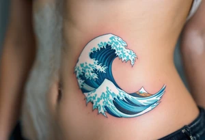 A vibrant cerulean wave curls with streaks of white foam along the ribs. tattoo idea