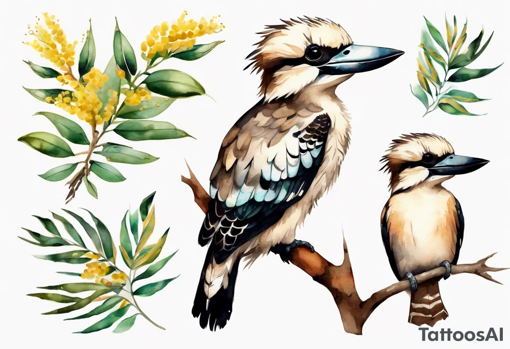 Small kookaburra holding wattle leaves tattoo idea