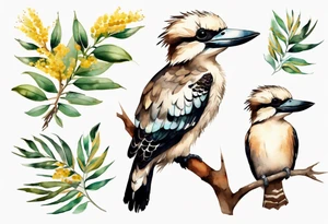 Small kookaburra holding wattle leaves tattoo idea