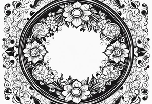 circle vignette frame surrounded by floral clouds tattoo idea