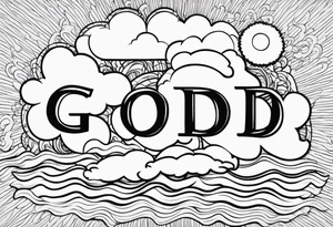The word God in a biblical text. Clouds behind it tattoo idea
