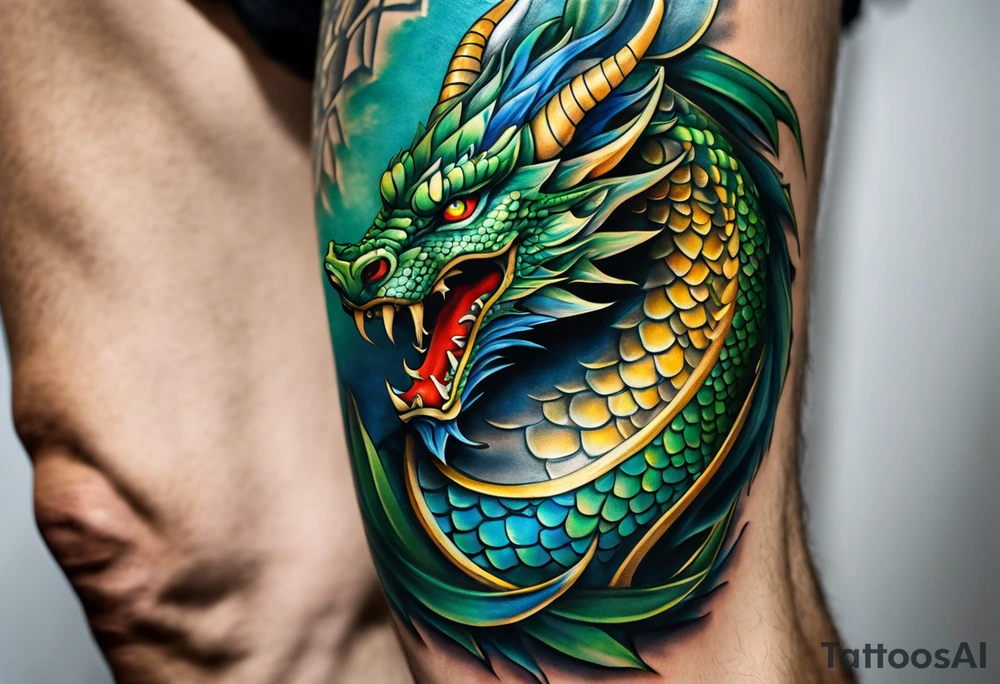 An epic dragon wraps around the calf, its body coiling dynamically, with scales and horns detailed to create a sense of movement and strength. The dragon features accents in green, blue, and gold, giving a vibrant depth and a mystical aura. This tattoo highlights the dragon’s fierce expression and sharp claws as it wraps protectively around the leg. Style: Realism tattoo idea