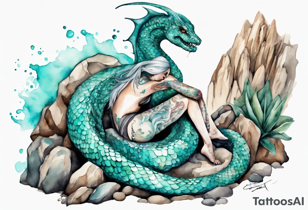 A sea serpent with the head of a woman covered in turquois scales sitting on rocks by the ocean tattoo idea