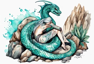 A sea serpent with the head of a woman covered in turquois scales sitting on rocks by the ocean tattoo idea