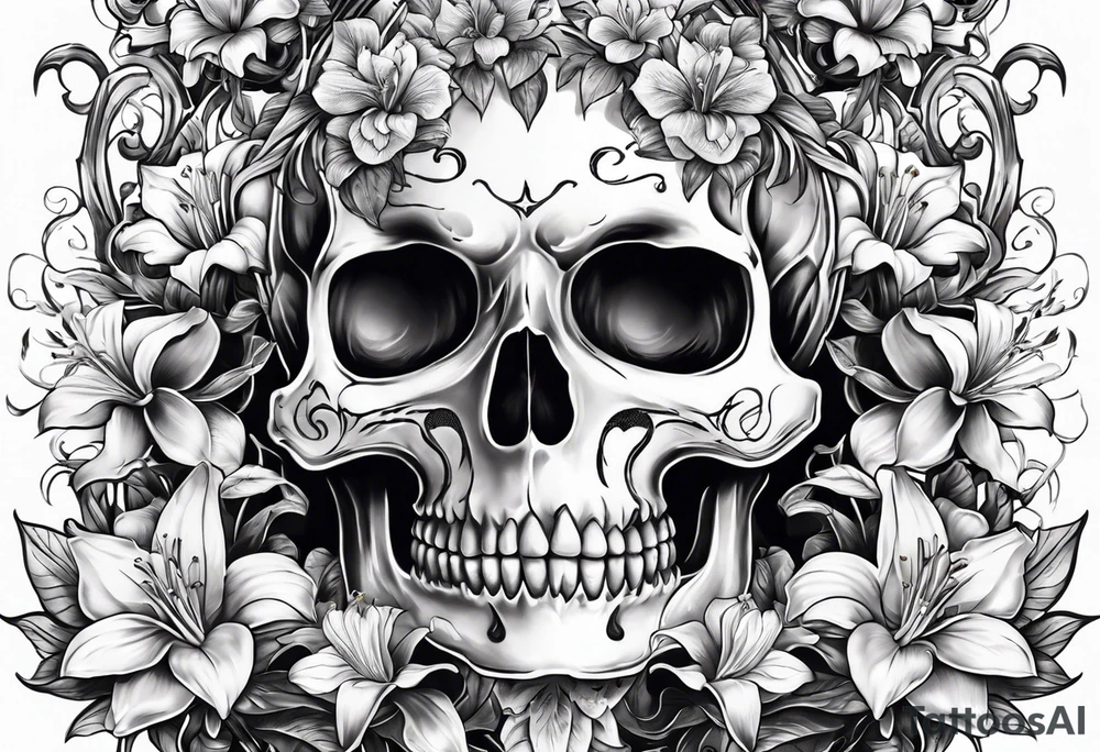 A Bulls skeleton head with lily if the valley flowers growing out of eyes tattoo idea