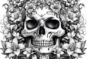A Bulls skeleton head with lily if the valley flowers growing out of eyes tattoo idea