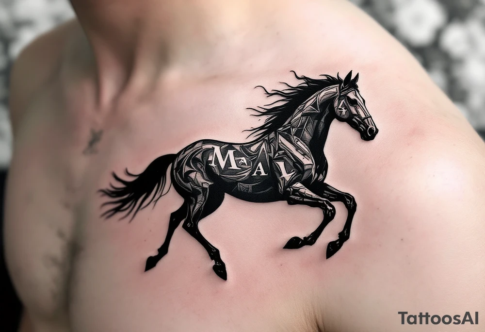 horse silhouette 
from the front which gallops from the front, with the 3 small letters discreetly integrated: M, A, L tattoo idea