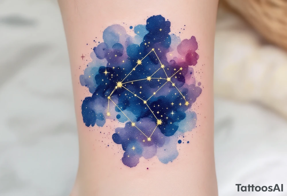Capricorn stars constellation inked in metallic gold, forming a delicate arc across a watercolor galaxy. tattoo idea