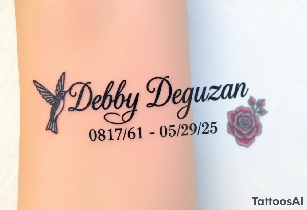 Tattoo of the exact name Debby Deguzman in chunky bold curly cursive with the exact dates of 08/17/61-05/29/25 surrounded by 1 hummingbird and 1 rose tattoo idea