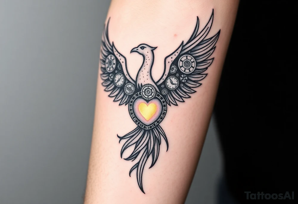 A stylized phoenix rising with feathers composed of intricate clock gears and mechanical parts. The chest reveals a glowing clockwork heart symbolizing emotional depth, love, and resilience amidst anxiety. The design combines fine line and dotwork detailing on the mechanical elements with bold, clean lines for the phoenix silhouette. Minimal shading emphasizes contrast and highlights the glowing heart. tattoo idea