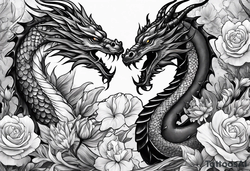 Scorpion and dragon surrounded by smokes and flowers tattoo idea Scorpion and dragon surrounded by smokes and flowers tattoo idea