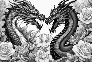 Scorpion and dragon surrounded by smokes and flowers tattoo idea