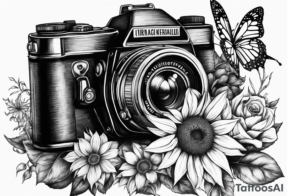 Butterfly, sunflower, camera, book, flower rose tattoo idea