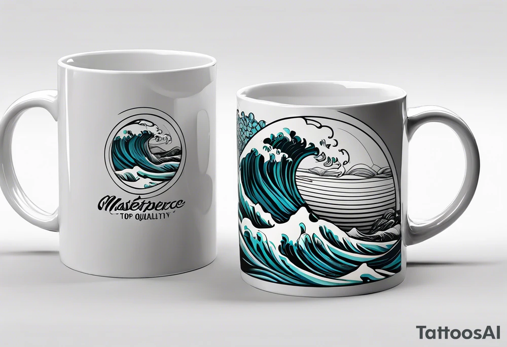 Circular retro design with coffee mug and ocean wave on mug tattoo idea