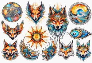 fisch, fuchs und eule , symetrie  sonne, universum, bunt, " sapere aude" tattoo idea