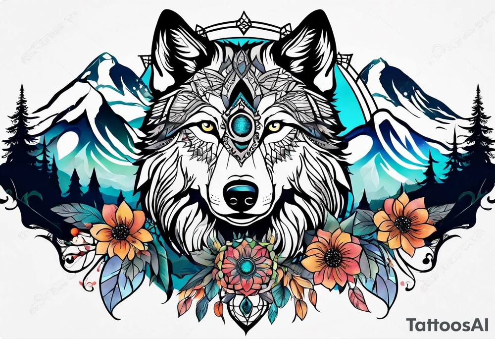A whimsical wolf tattoo featuring mandala or dream catcher elements, with the wolf as the central focus, surrounded by mountains in the background. Include flowers and nature elements to fill the space around the wolf. Some color but not completely solid bold color tattoo idea