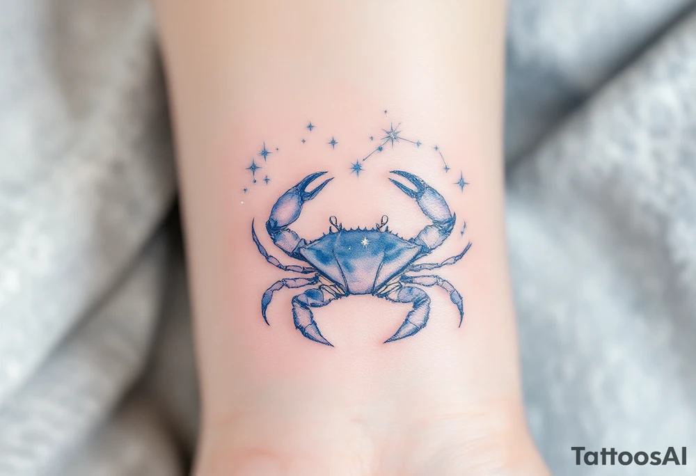 A delicate Cancer star constellation in shimmering silver ink arcs above a soft blue watercolor crab. tattoo idea
