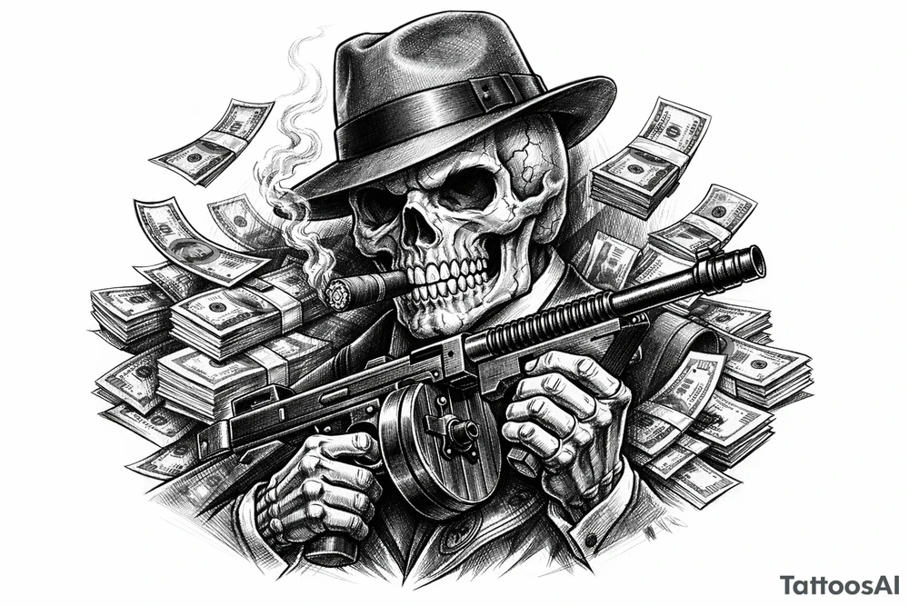 skull with cigar in his mouth,mafia-hat,machine-gun in his hands,surrounded by money. tattoo idea