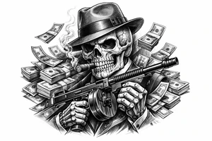 skull with cigar in his mouth,mafia-hat,machine-gun in his hands,surrounded by money. tattoo idea