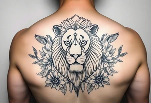 powerful majestic lion with a luffy from ine piece, surrounded by floral ornaments and birds tattoo idea