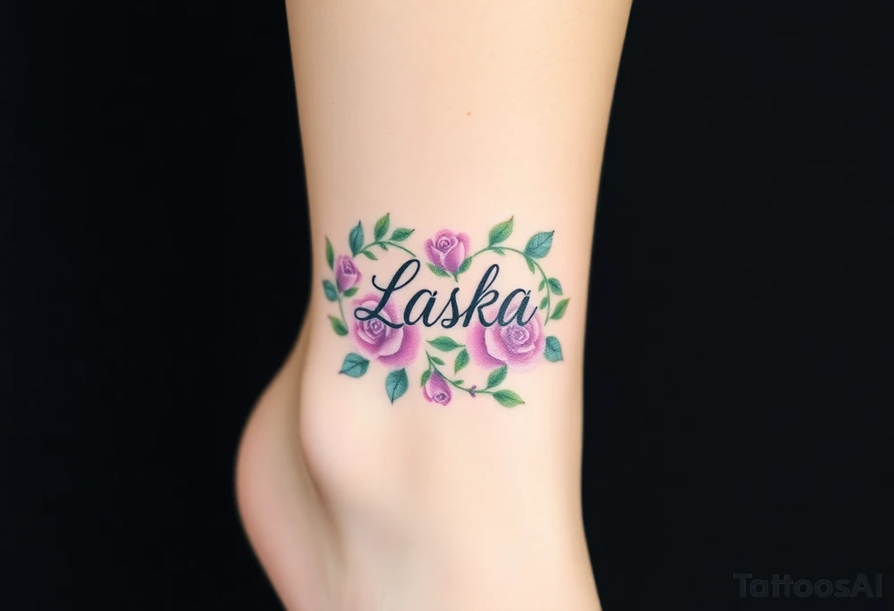 A floral infinity symbol in soft lavender and green, with "Láska" seamlessly entwined between delicate blooming roses tattoo idea