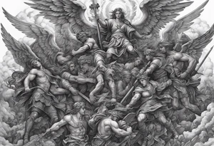 Full back piece depicting the war between angels above and demons below, with a trail up the middle of people carrying crosses up to heaven. tattoo idea