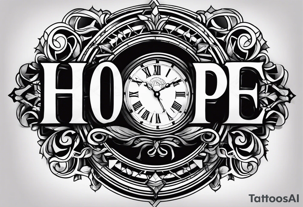 Hope lettering tattoo, broken clock, king crown incorporated tattoo idea