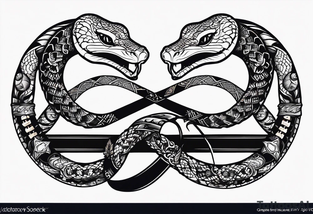 Aggresive Snakes eating each other with a sword, this design must be in a vertical vertical proportion. Additionaly the desing must be "Steampunk" type tattoo idea