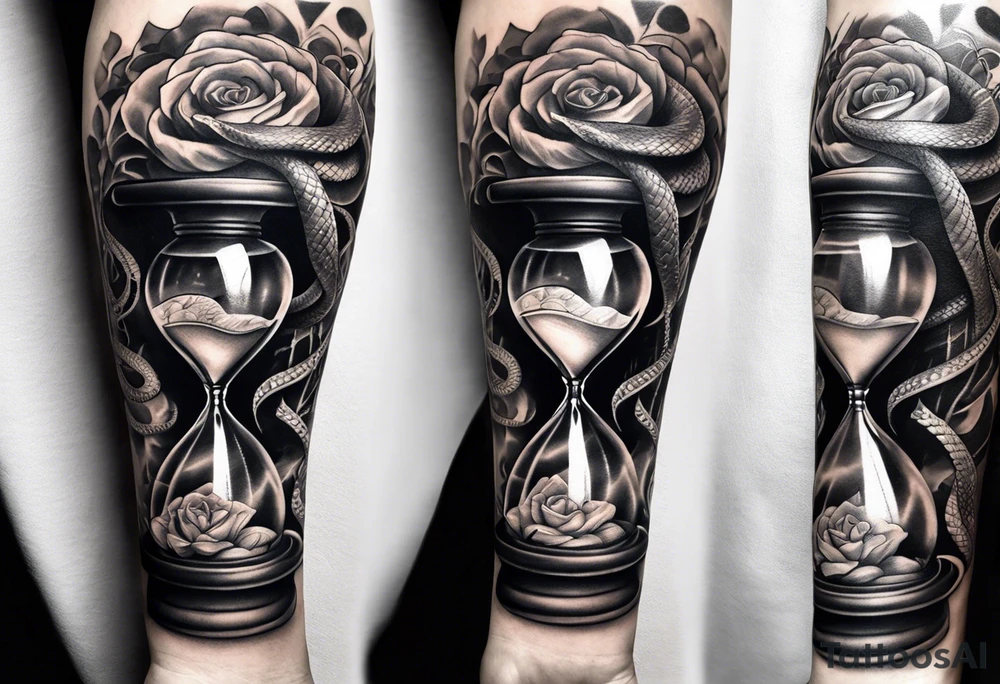 Snake surrounding an hourglass AND a thunder tattoo around forearm tattoo idea