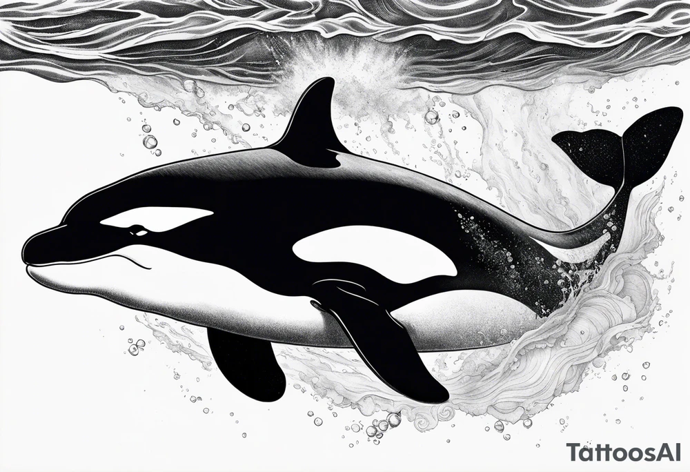 A male orca, black tattoo, 6-7 cm. sun beams in water, male orca diving down, tattoo viewpoint is half in water half out but mostly underwater with sunbeams shining through. maybe in a circle or square. tattoo idea