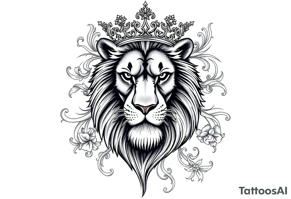 majestic lion wearing ornate crown, surrounded by baroque flourishes tattoo idea